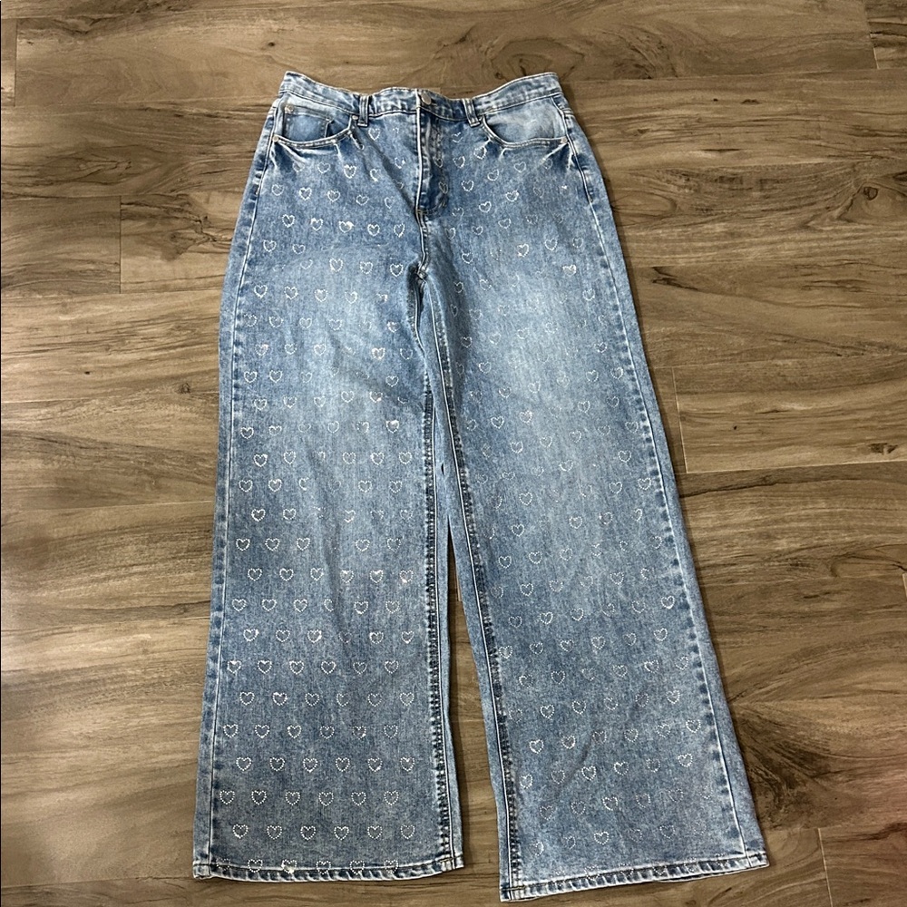 High-Rise Wide Leg Heart Print Jeans - Light Blue
